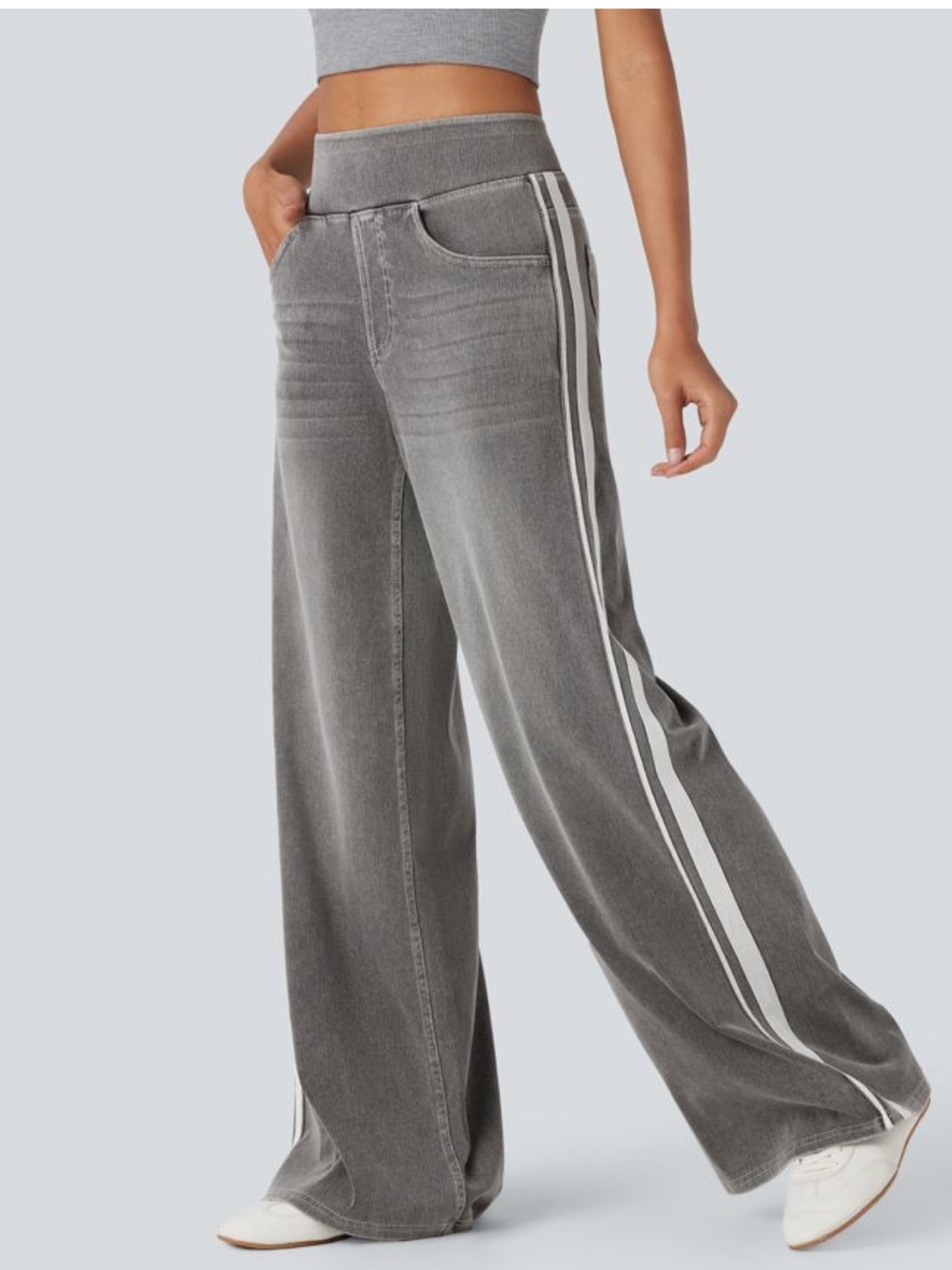 Halara Flex Gray High Waisted Wide Leg Jeans with White Stripes